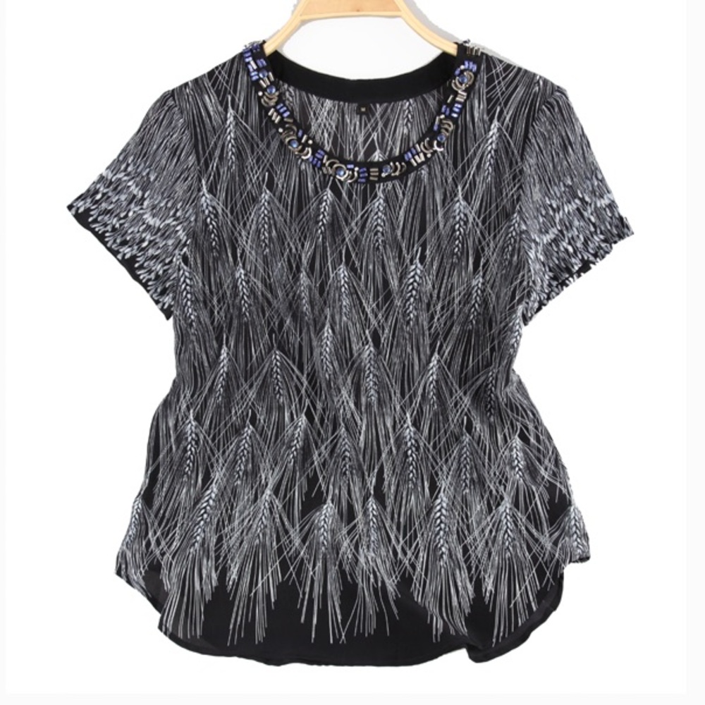 100% Silk Scoop Neck T-Shirt Beaded & Crystal Accents